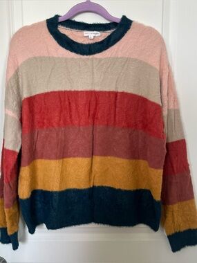 Cozy Striped Fuzzy Crewneck Sweater - Multicolor